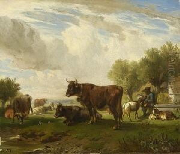 Rastender Hirte Mit
 Herde. Oil Painting by Friedrich Johann Voltz