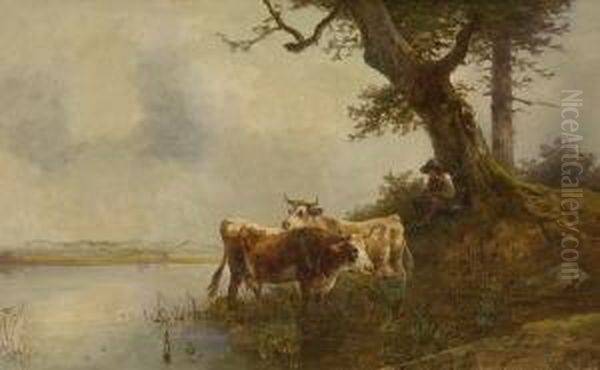 Huterjunge Mit Zwei Kuhen Am
 Wasser. Oil Painting by Friedrich Johann Voltz