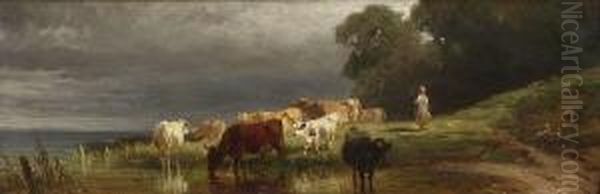 Hirtin Mit Kuhen An Der
 Tranke Oil Painting by Friedrich Johann Voltz