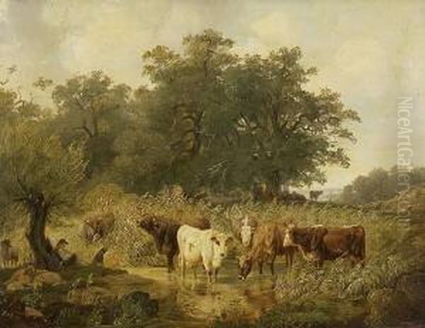 Hirte Mit Kuhen Und Schafen An Der
 Tranke Oil Painting by Friedrich Johann Voltz
