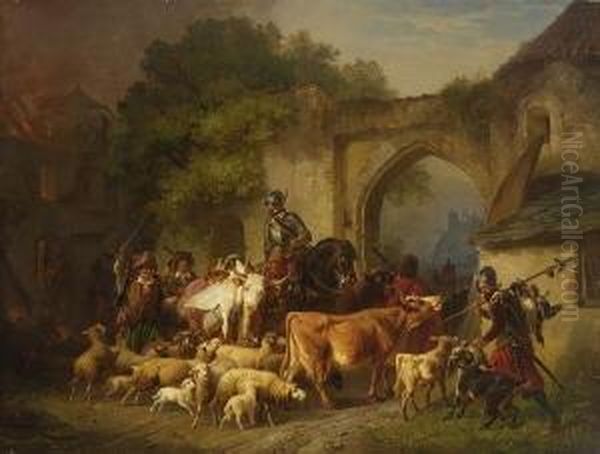 Brandschatzung Eines
 Klosters Oil Painting by Friedrich Johann Voltz