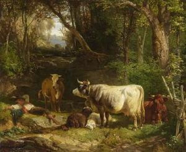 Huterbub Mit Kuhen Und
 Schafen Oil Painting by Friedrich Johann Voltz