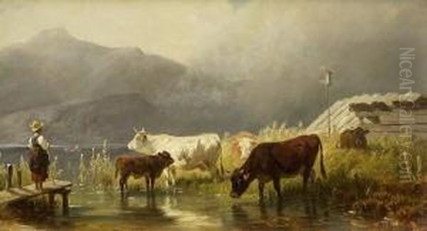 Hirtin Mit Kuhen Am
 Gebirgssee Oil Painting by Friedrich Johann Voltz