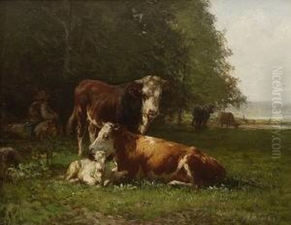 Hirte Mit Kuhen Und Kalb Auf Der
 Weide Oil Painting by Friedrich Johann Voltz