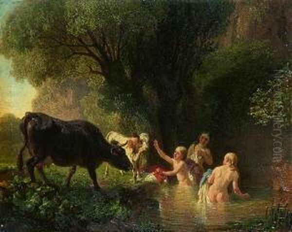 Badende Madchen Am
 Waldquell Oil Painting by Friedrich Johann Voltz