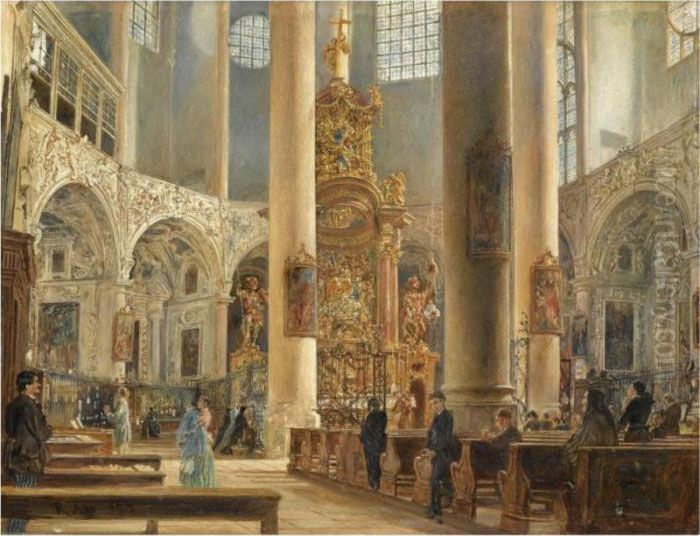 Inneres Der Franziskanerkirche Zu Salzburg (interior Of The Franciscan Church, Salzburg) Oil Painting by Rudolf Ritter von Alt