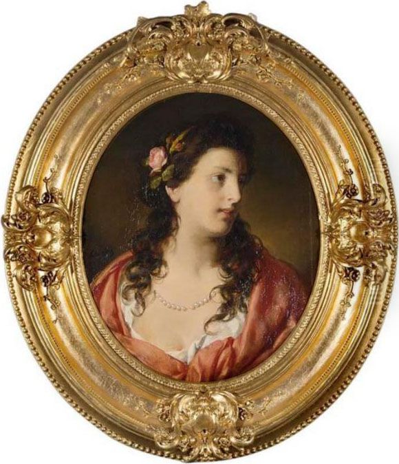 Portrait Of An Elegant Young 
Lady; Depicted Half-length Wearing A Red And White Dress, A Pearl 
Necklace And Roses In Her Hair Oil Painting by Friedrich Ritter von Amerling