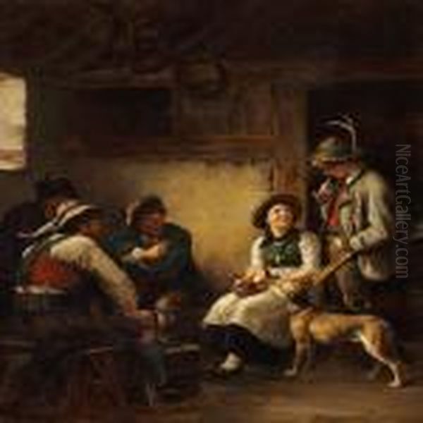 Interior With Four Mountain Hunters And A Young Girl In Thealps Oil Painting by Franz Von Defregger