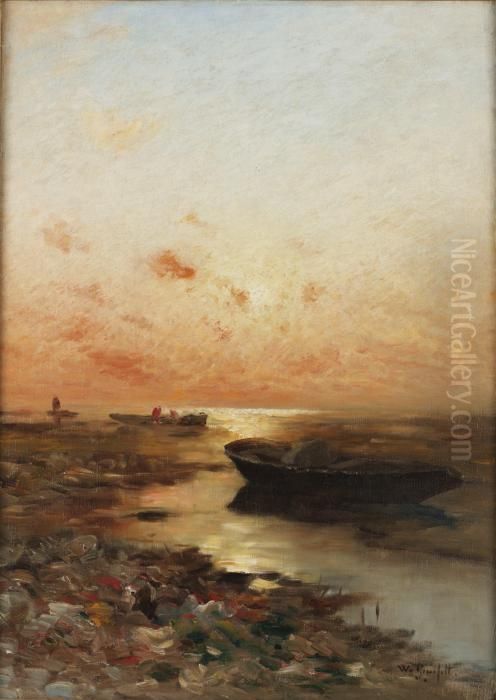 Kustlandskap Med Batar I Solnedgang Oil Painting by Wilhelm von Gegerfelt