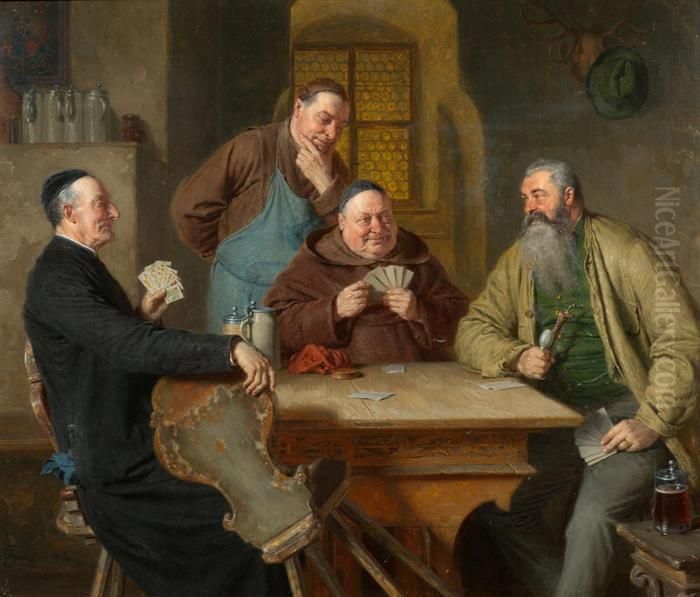 Hunter, Monk And Cardinal Playing Cards. 1905 Oil Painting by Eduard Von Grutzner