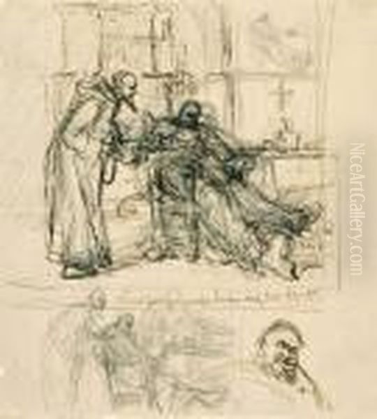 Studienblatt Mit Klosterbrudern. Oil Painting by Eduard Von Grutzner