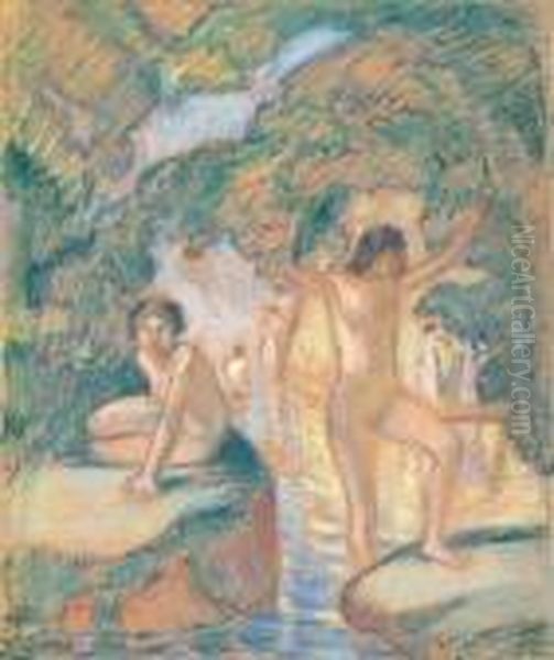 Badende Oil Painting by Ludwig Von Hofmann