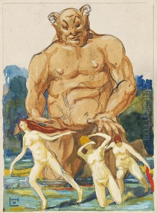 Fliehende Nymphen Oil Painting by Ludwig Von Hofmann