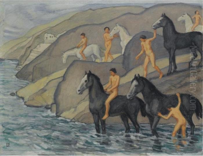 Sold For The Preservation Of The Ludwig Von Hofmann Research Archive And Collection
 

 
 
 

 
 Zug Zur Schwemme (leading Their Horses To Water) Oil Painting by Ludwig Von Hofmann