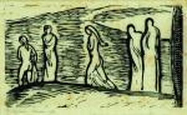 Badende (2 X). Flusufer.
 Dammerung. Oil Painting by Ludwig Von Hofmann