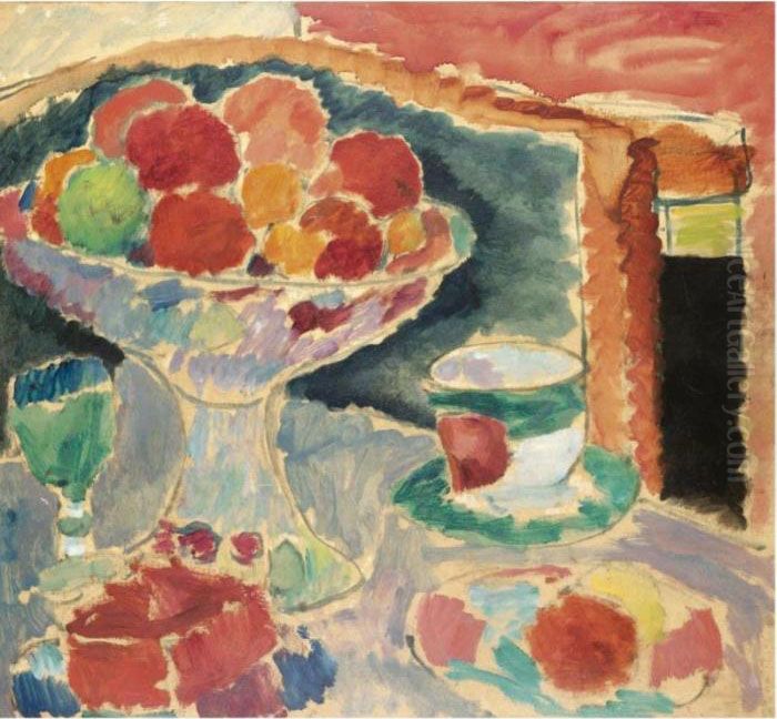 Stilleben Mit Obstschale, 
Bohmischem Glas Und Empiretasse (still-life With Fruit-stand, Bohemian 
Glass And Empire Cup) Oil Painting by Alexei Jawlensky