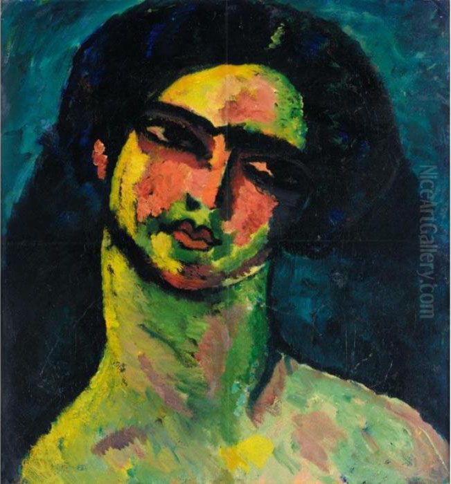 Kopf Einer Italienerin Mit 
Schwarzem Haar Von Vorne (head Of An Italian Woman With Black Hair, 
Frontal View) Oil Painting by Alexei Jawlensky