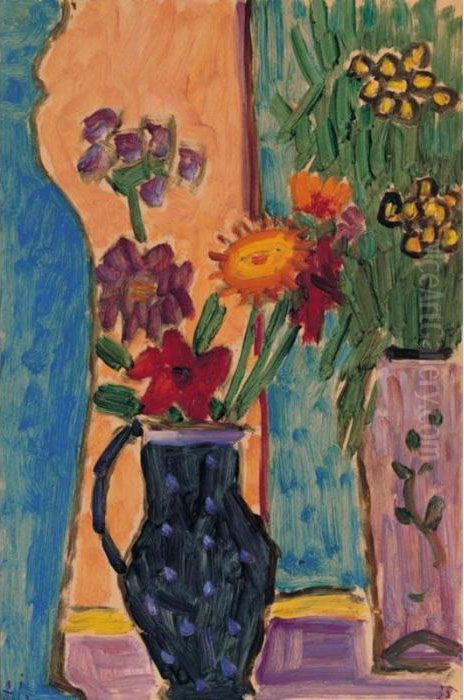 Grosses Stilleben: Blumen Mit 
Blauen Vasen Und Rosa Tapete (large Still-life: Flowers With Blue Vases 
And Pink Wall-paper) Oil Painting by Alexei Jawlensky
