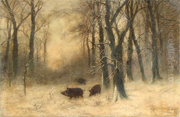 Wild Boar In Winter Oil Painting by Iulii Iul'evich (Julius) Klever