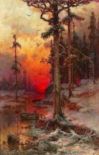 Sonnenuntergangsstimmung Im
 Winterwald. Oil Painting by Iulii Iul'evich (Julius) Klever