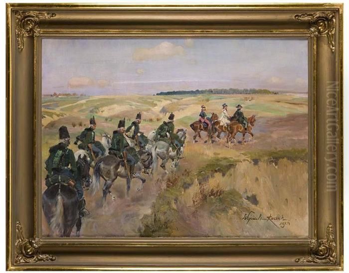 Kosciuszko W Otoczeniu Sztabu 
(madalinski I Zajaczek) Jadacy Do Bitwy Pod Raclawicami, 1924 R. Oil Painting by Wojciech Von Kossak