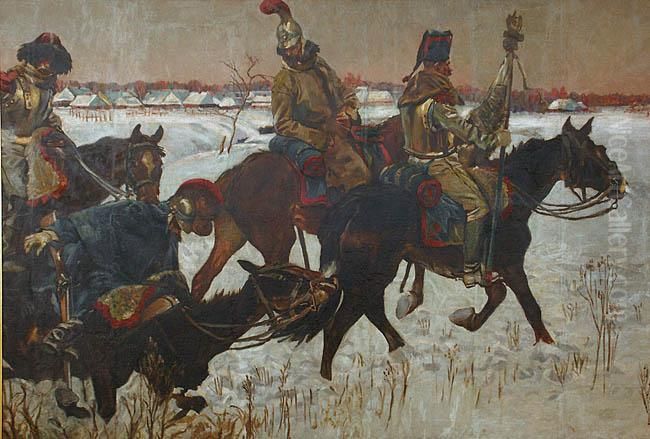 Bitwa Pod Berezyna - Fragment Panoramy Oil Painting by Wojciech Von Kossak