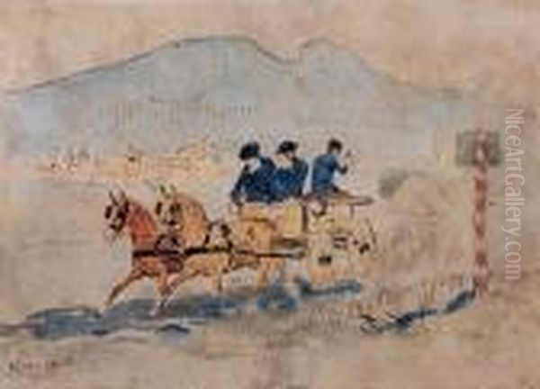 Powoz Z Trojgiem Pasazerow Na 
Granicy Galicyjsko - Wegierskiej W Tatrach (pod Giewontem), - Ilustracja
 (wycieta Z Lub Dolaczona Do) Listu (?) Oil Painting by Wojciech Von Kossak