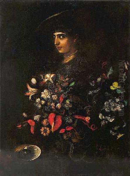 Blumenstillleben Mit Portrait Einer Jungen Dame Oil Painting by Lenbach Franz Von