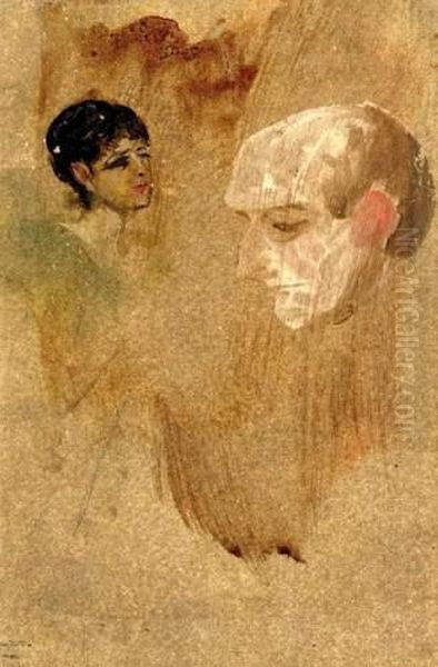 Fluchtige Skizze[brief Sketch] With Two Heads Oil Painting by Lenbach Franz Von