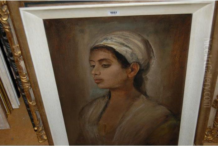 Head And Shoulder Portrait Of A Girl Wearing A White Head Scarf Oil Painting by Lenbach Franz Von