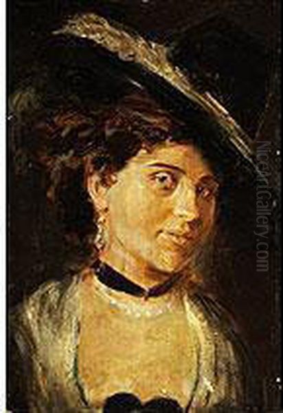 Bildnis Einer Jungen Dame Mit Federhut Oil Painting by Lenbach Franz Von