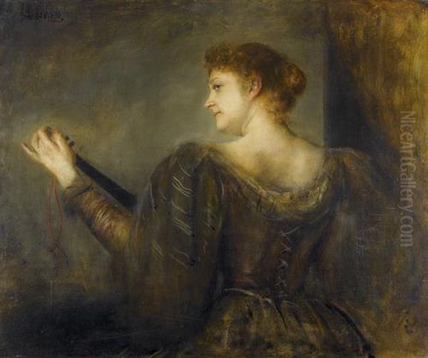 Ruckenansicht Einer Frau Beim Lautenspiel. Oil Painting by Lenbach Franz Von