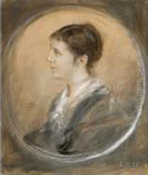 Im Tondo Brustbildnis Im 
Dreiviertelprofilnach Links Einer Dunkelhaarigen Dame Im Grauen Kleid 
Mit Weisemkragen Oil Painting by Lenbach Franz Von
