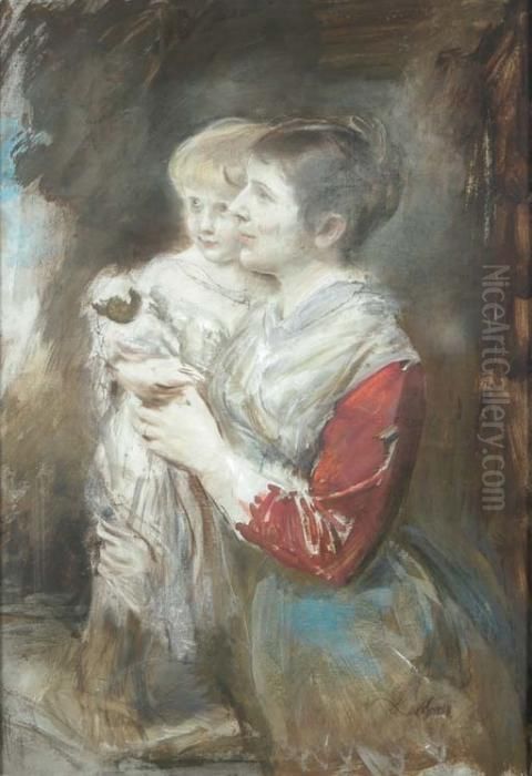Portrait Of A Woman And Child Oil Painting by Lenbach Franz Von