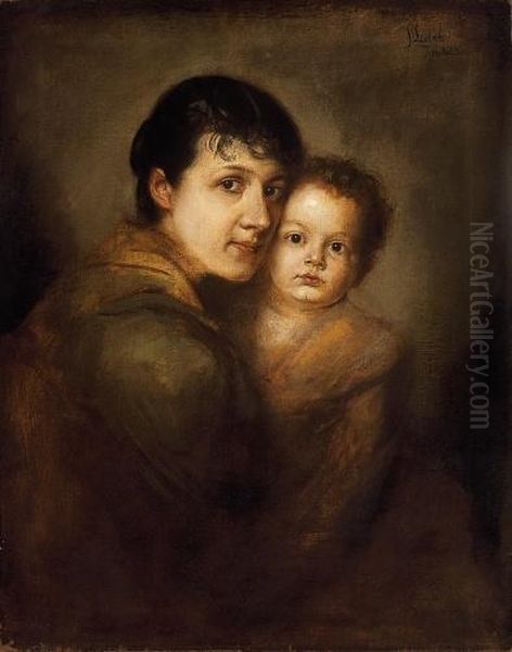 Mother With Her Child Oil Painting by Lenbach Franz Von