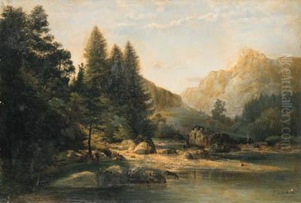 A Mountainous River Landscape Oil Painting by Lenbach Franz Von