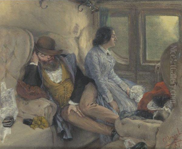 Im Eisenbahncoupe (nach Durchfahrener Nacht) 
(in A Railway Carriage (after A Night's Journey) Oil Painting by Adolph von Menzel