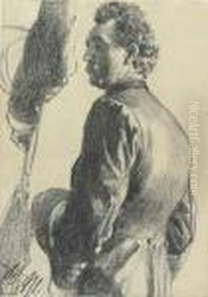 Homme Vu De Dos En Redingote 
Avec Son Chapeau A La Main, Etudesubsidiaires Du Bras Gauche Oil Painting by Adolph von Menzel