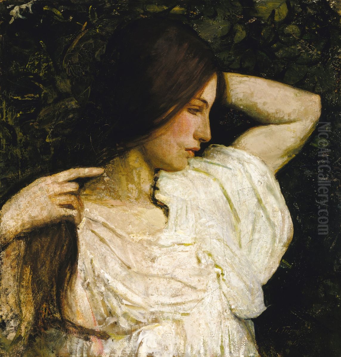 Girl Arranging Her Hair Oil Painting by Abbott Handerson Thayer