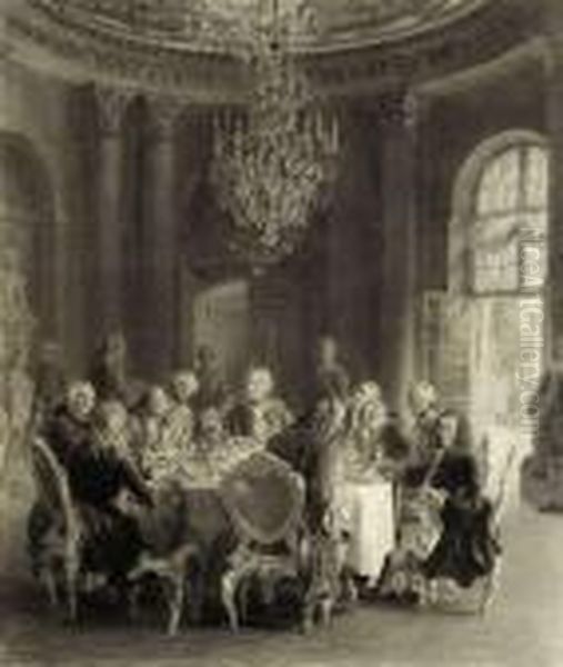 Roundtable In Sanssouci. Pencil 
On Paper, Inscribed Andindistinctly Dated, On The Passepartout Affixed 
Paper Strip With Inscription 