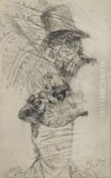 Une Tete D'homme De Profil Vers La Gauche Et Une Tete De Femme Vue De Face Oil Painting by Adolph von Menzel