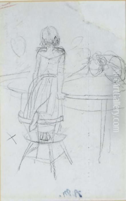 A Young Girl Standing On A Chair At A Table Oil Painting by Adolph von Menzel