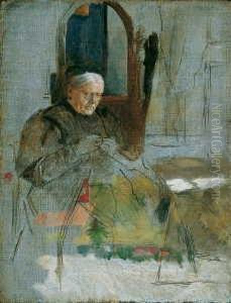 Umkreis Studie Einer Strickenden
 Alten Frau. Darunter Eine Summarisch Angelegte Landschaftsstudie. Ol 
Auf Leinwand . H 27; B 21 Cm. Provenienz: Privatsammlung, Usa Oil Painting by Adolph von Menzel