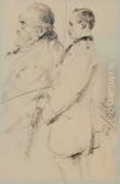 Studienblatt Mit Stehendem Mann 
Und Kopfstudie Eines Bartigen Herrn. Monogrammiert Und Datiert Unten 
Rechts: A.m./98. Bleistift, Gewischt, Auf Papier. H 18,2; B 12,1 Cm. 
Provenienz: Suddeutsche Privatsammlung. Oil Painting by Adolph von Menzel