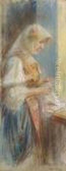 Junge Stickerin Oil Painting by Mihaly Munkacsy