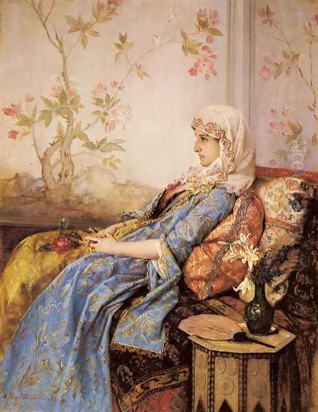 An Exotic Beauty in an Interior Oil Painting by Toulmouche Auguste