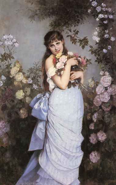A Young Woman in a Rose Garden Oil Painting by Toulmouche Auguste