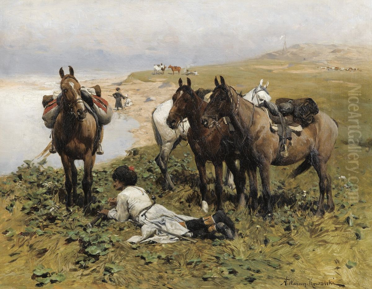 Caucasian Riders Resting Oil Painting by Alfred Wierusz-Kowalski