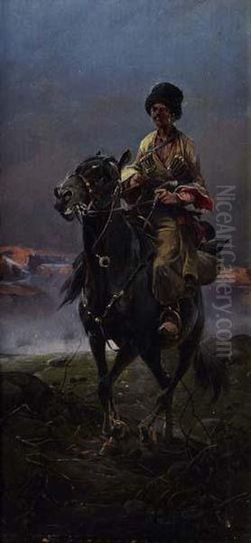 Darstellung Eines Tscher 
Kessenreiters Auf Einem Schwarzen Pferd In Einer Steppenlandschaft Oil Painting by Alfred Wierusz-Kowalski