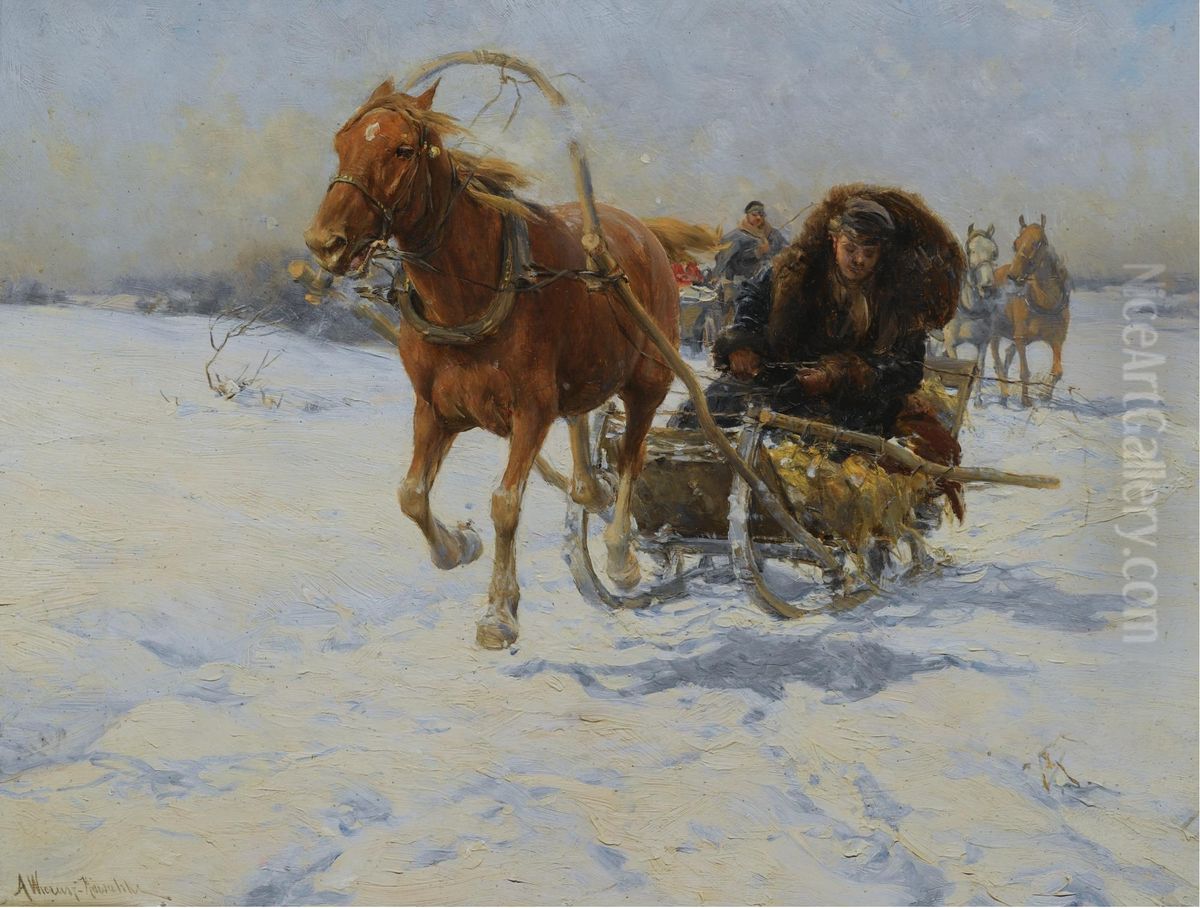 Sleigh Ride Oil Painting by Alfred Wierusz-Kowalski